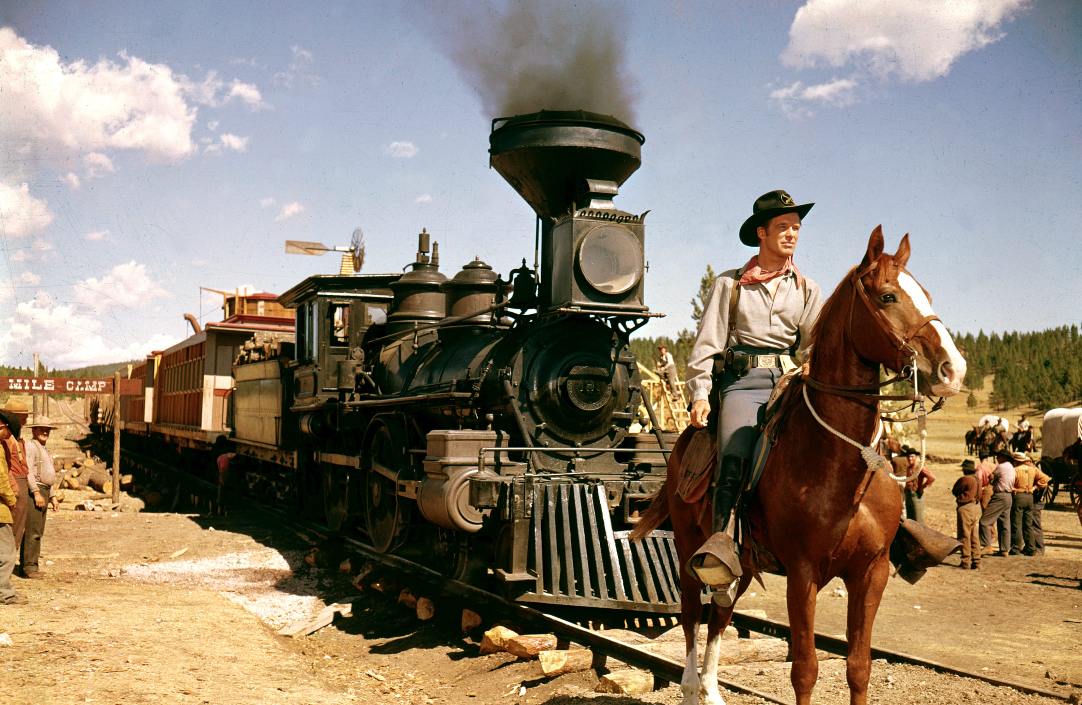 Union soldier rides alongside a train in <em>How the West Was Won<em>